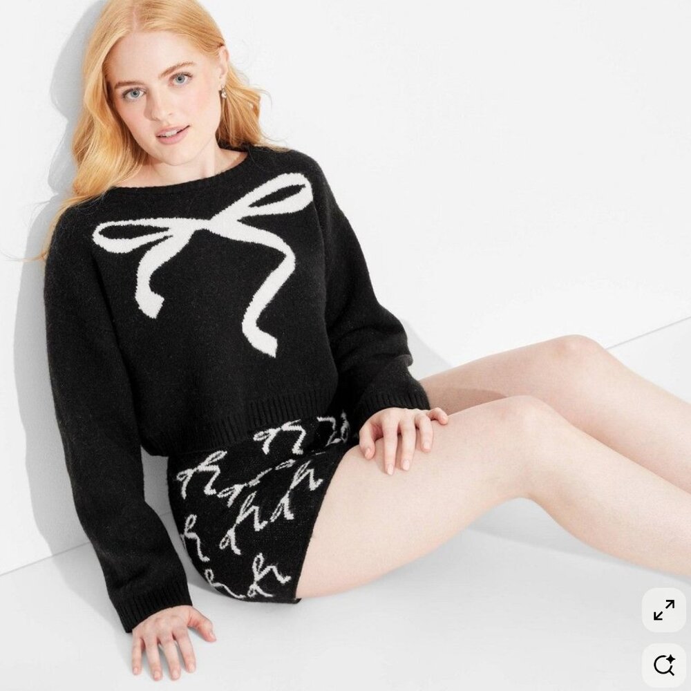 Wild Fable Black and White Crop Bow Sweater Long Sleeve Size Small